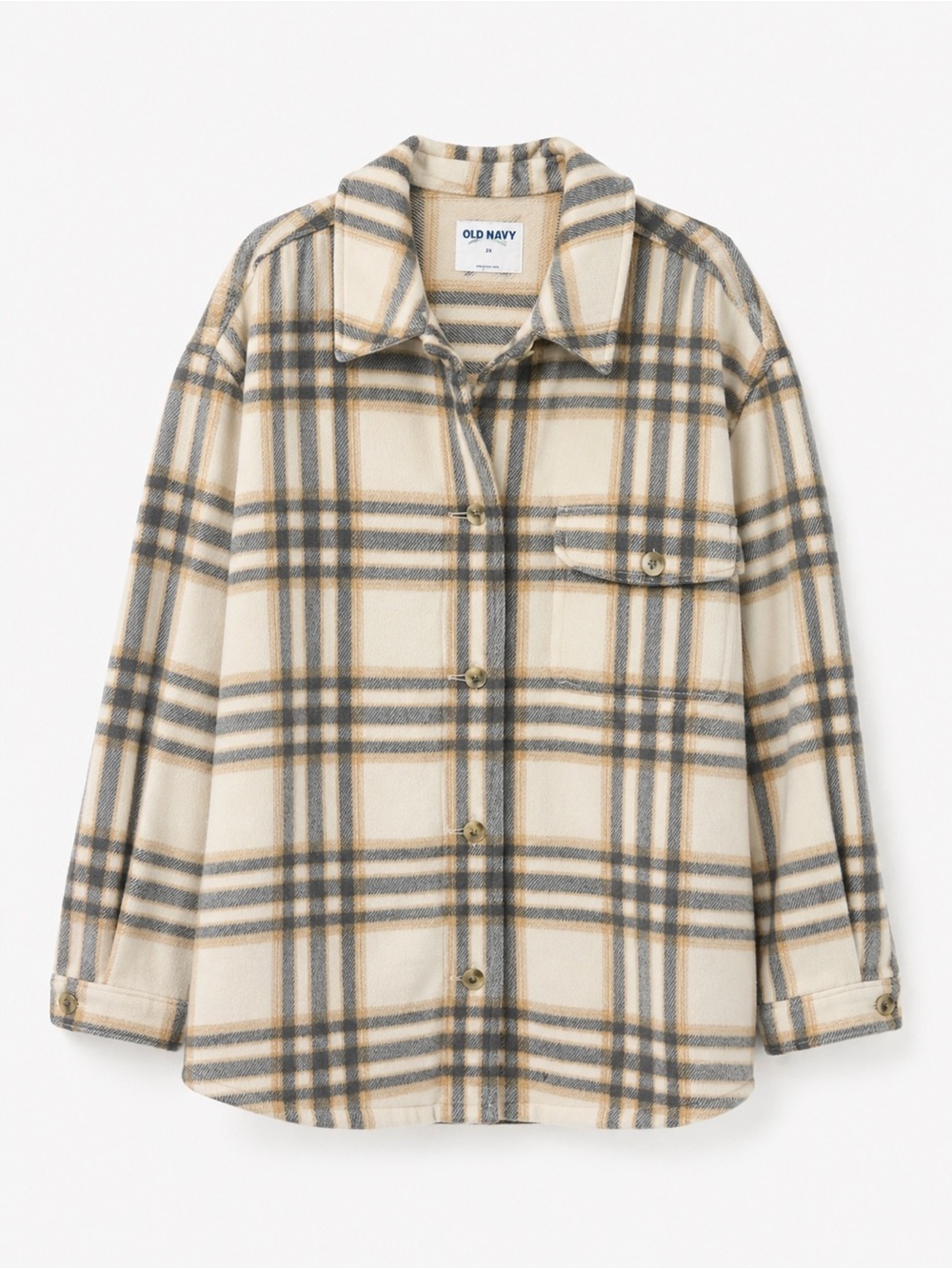 Old Navy Cream Plaid Button-Front Shirt Jacket with Gray and Camel Stripes